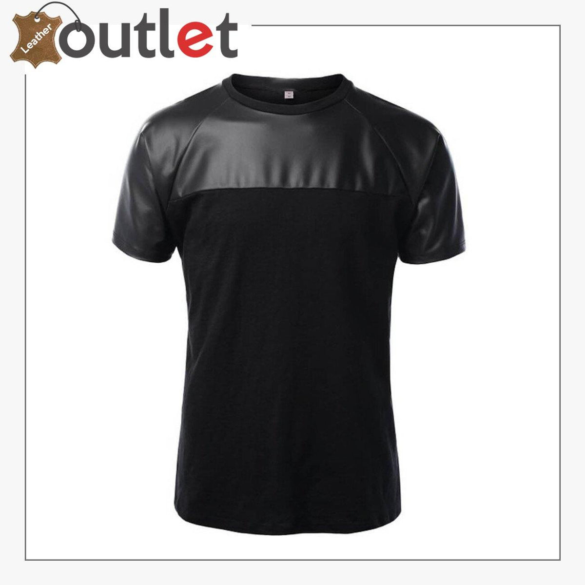 Mens leather shirt with cotton panels in black, front view with button placket