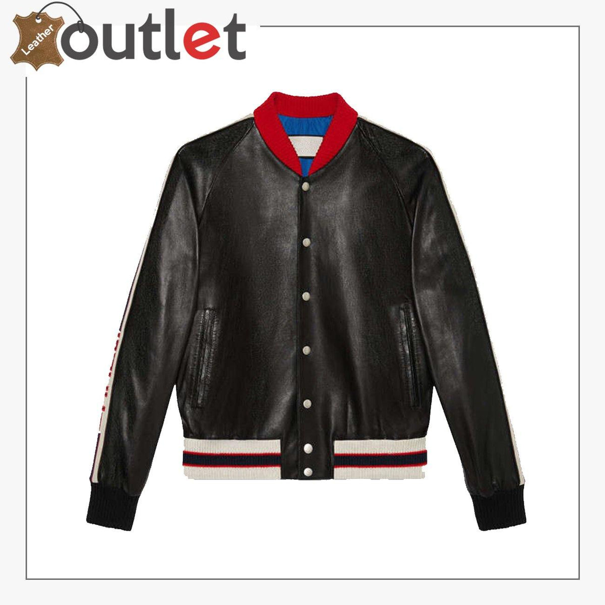 Mens quality leather bomber jacket in black with ribbed collar, front view