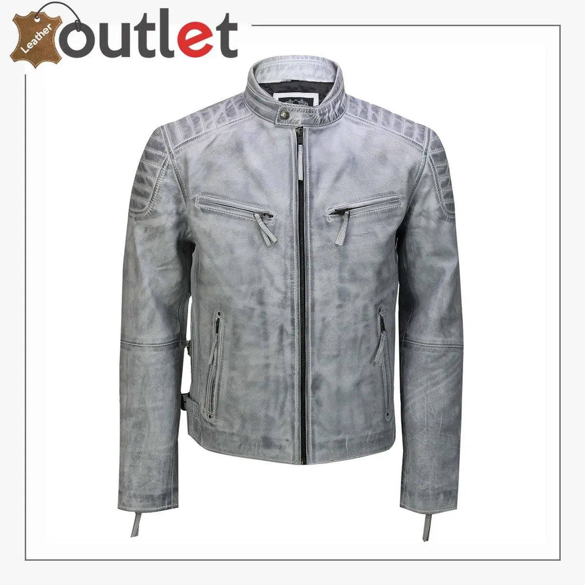 Mens real leather antique wash retro biker jacket in washed brown, front view with metal zip