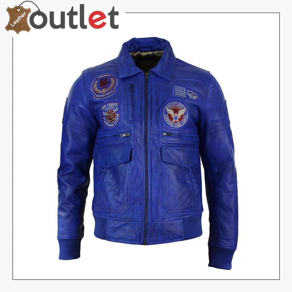 Mens real leather blue bomber jacket with badge detail, front view