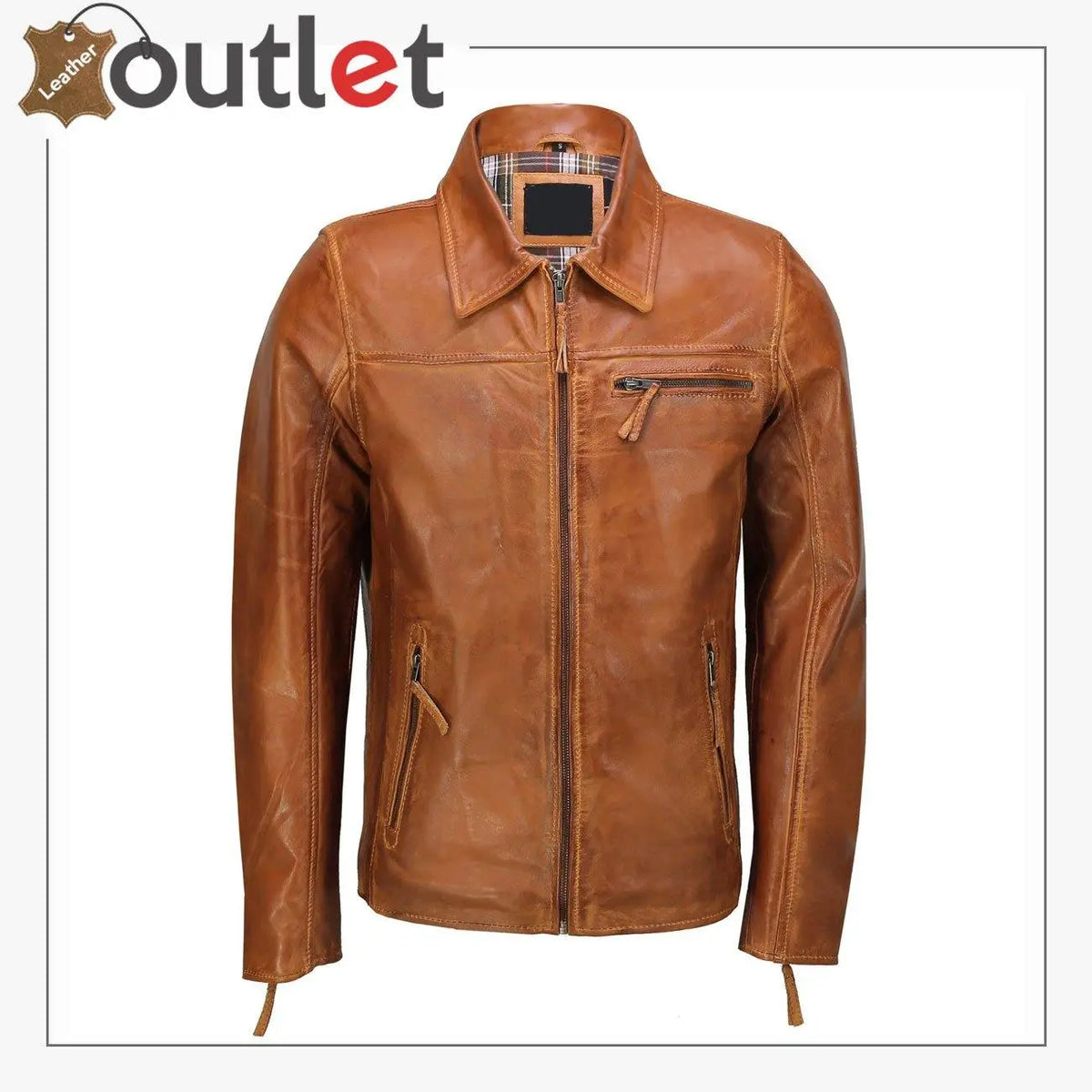 Classic collar retro zip up slim fit mens leather jacket in black, front view