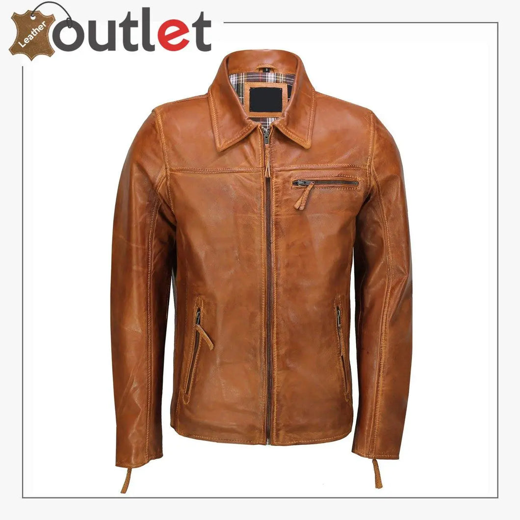 Classic Collar Retro Zip Up Biker Style Smart Slim Fit Mens Real Leather Jacket - Leather Outlet