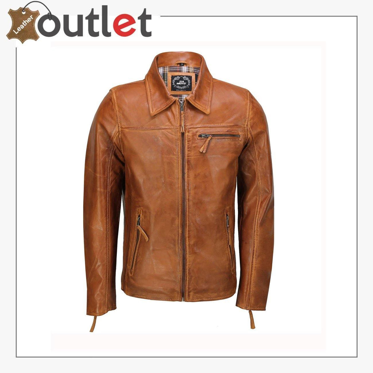Mens real leather retro biker jacket with classic notch collar and zip