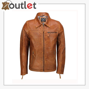 Mens Real Leather Jacket Classic Collar Retro Zip Up Biker Style Smart Slim Fit