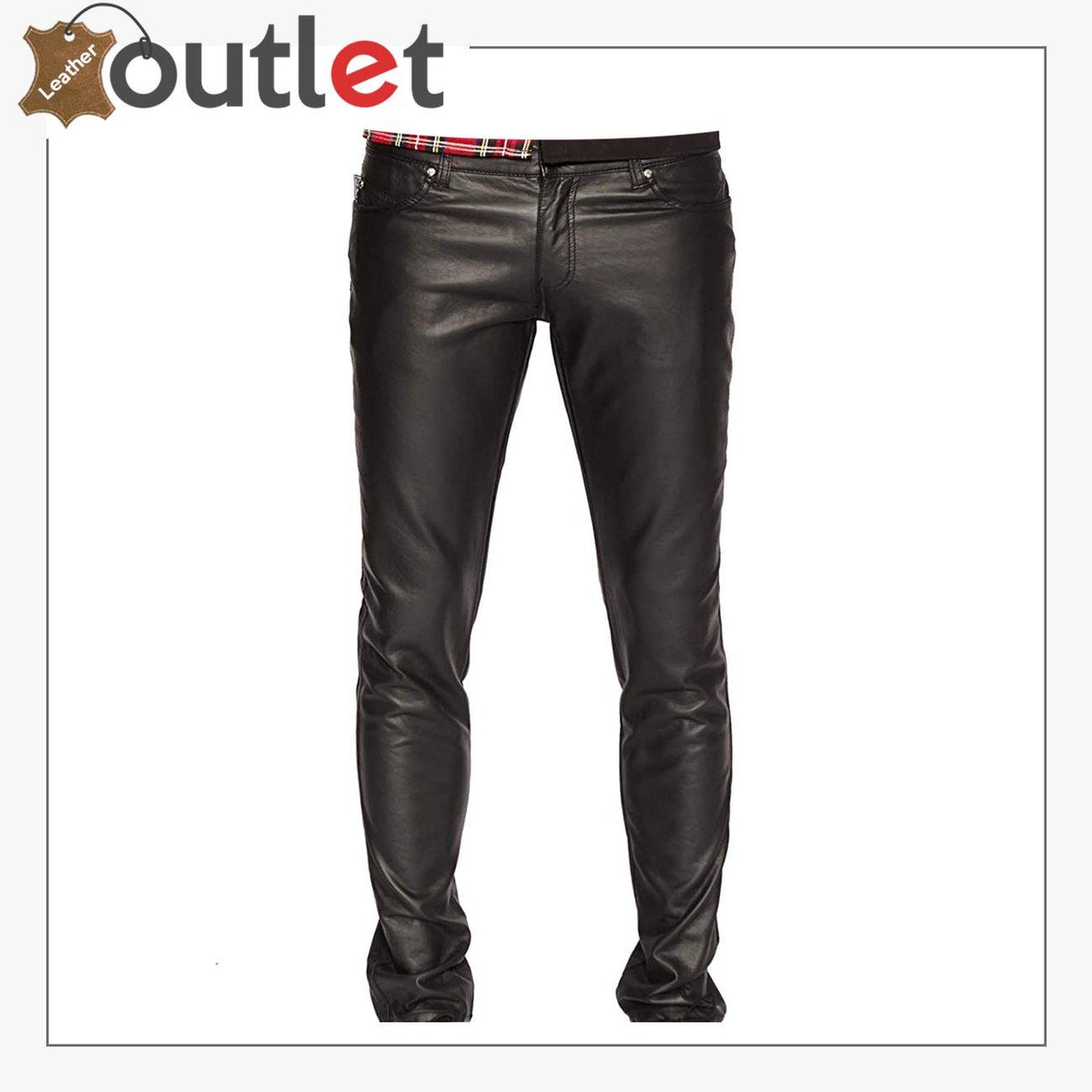 Mens plain black leather trousers with straight leg cut, front view