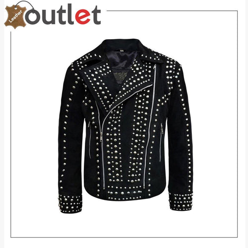 Mens Rivet Studded Biker Motorcycle Suede Leather Jacket - Leather Outlet