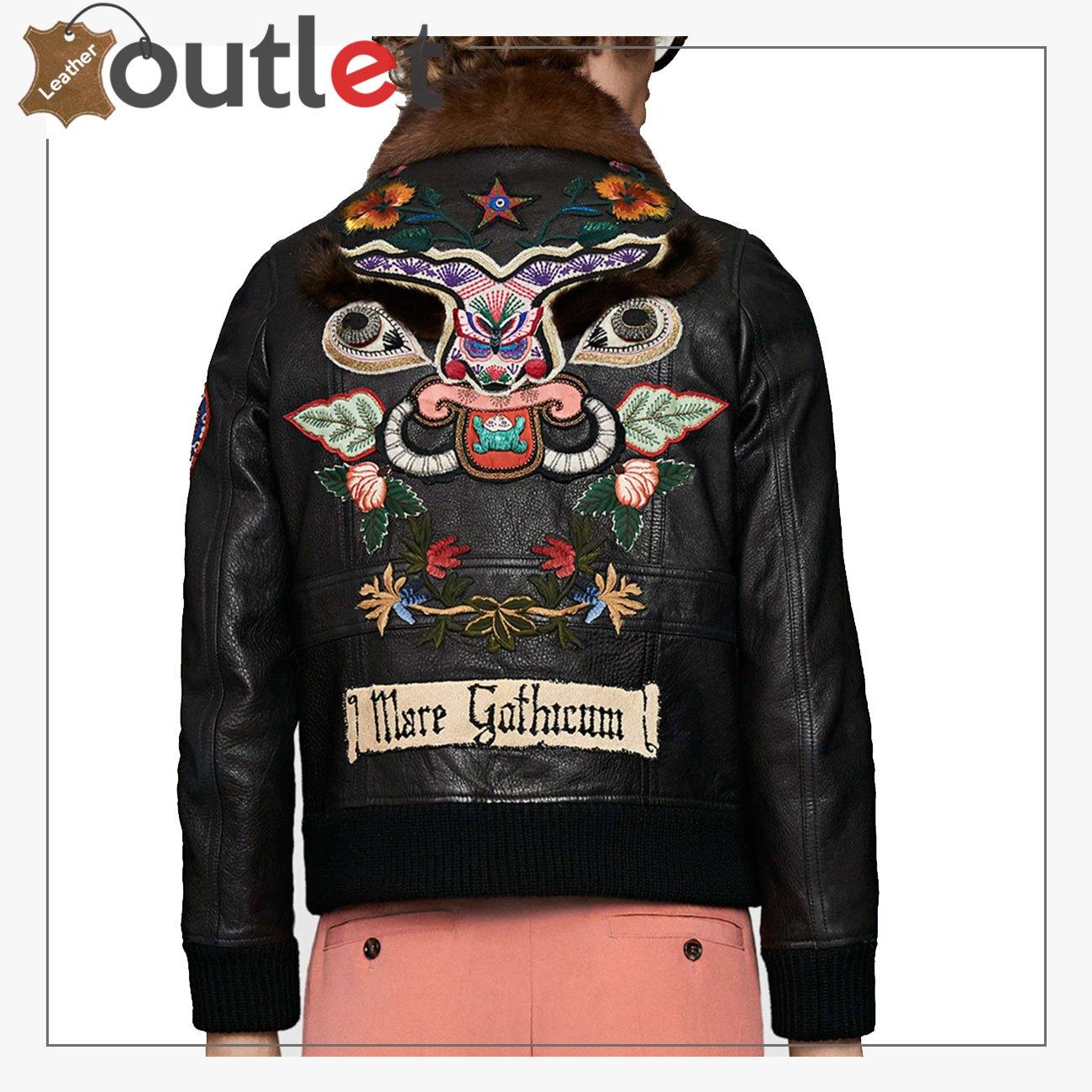 Mens Shearling Leather Bomber Jacket with Embroidery - Leather Outlet