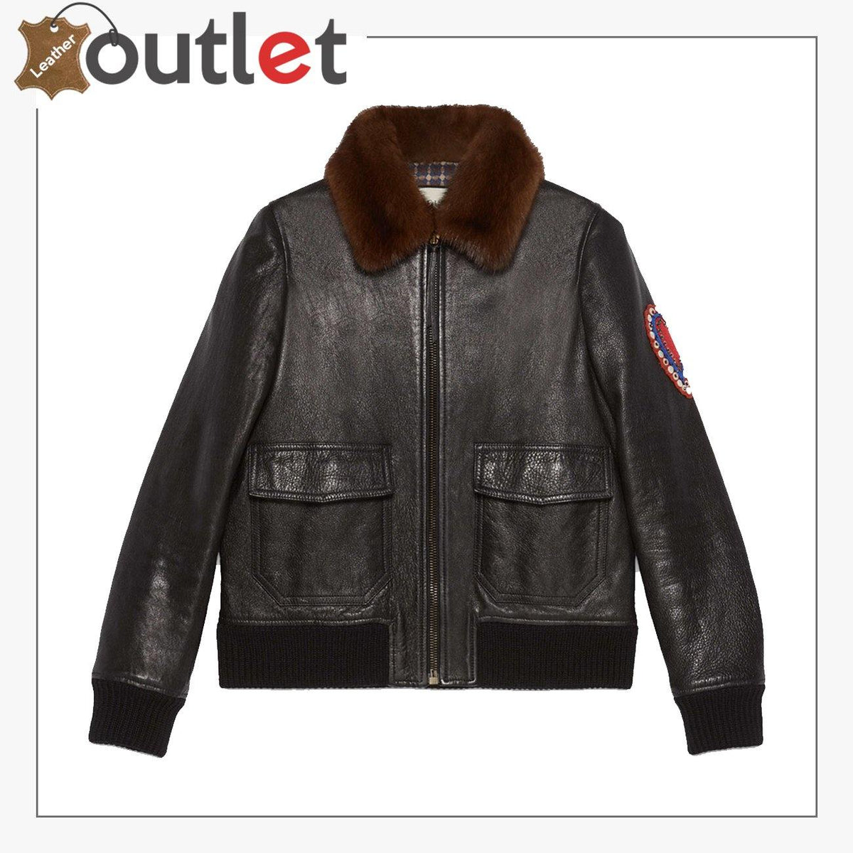 Mens shearling lined leather bomber jacket with embroidery, front view