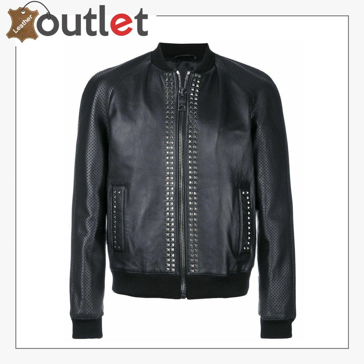 Mens studded cafe racer black leather jacket, front view with band collar