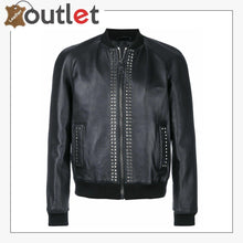 Load image into Gallery viewer, Mens Studded Bomber Biker Motorcycle Retro Cafe Racer Black Leather Jacket
