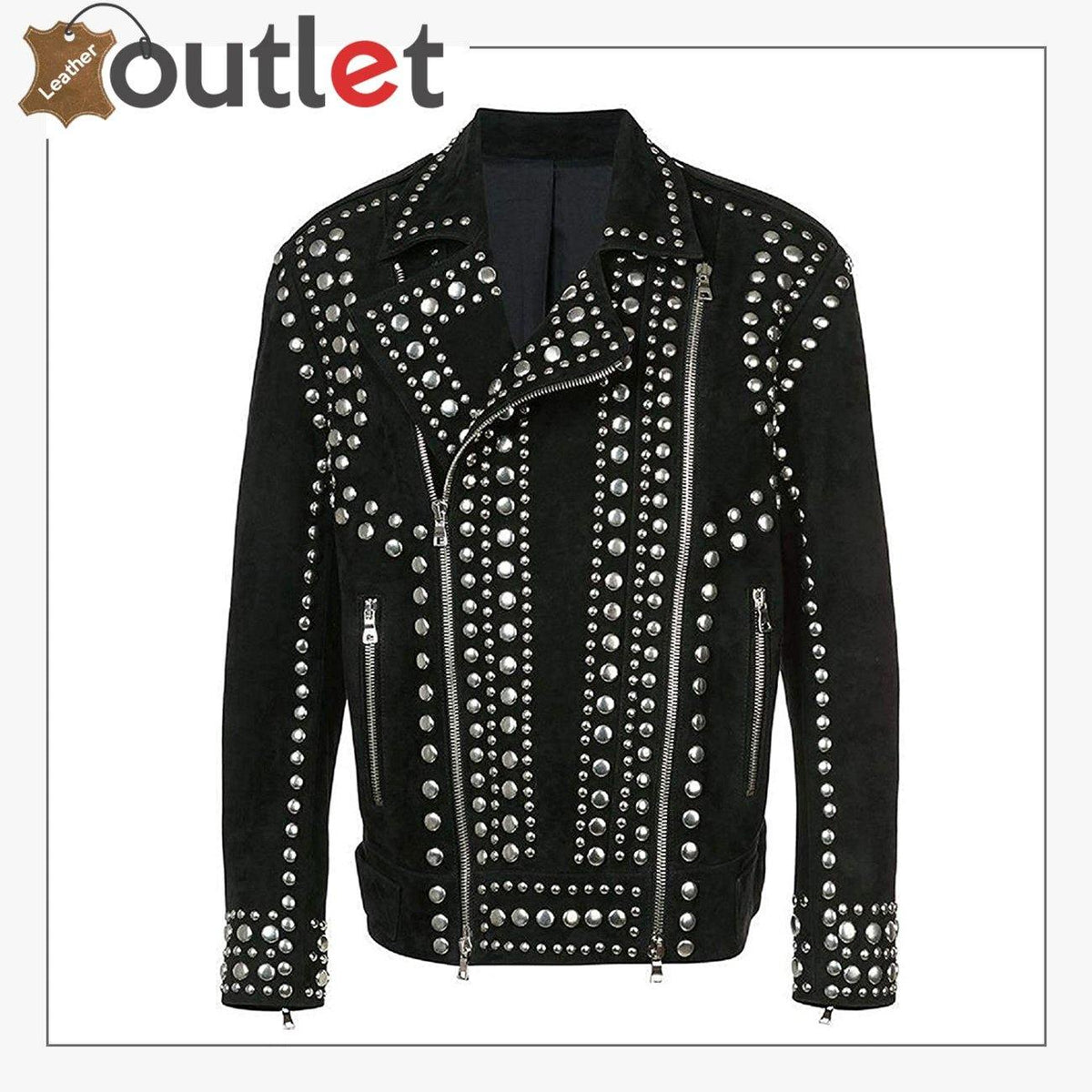 Mens studded punk black suede leather jacket, front view with silver studs