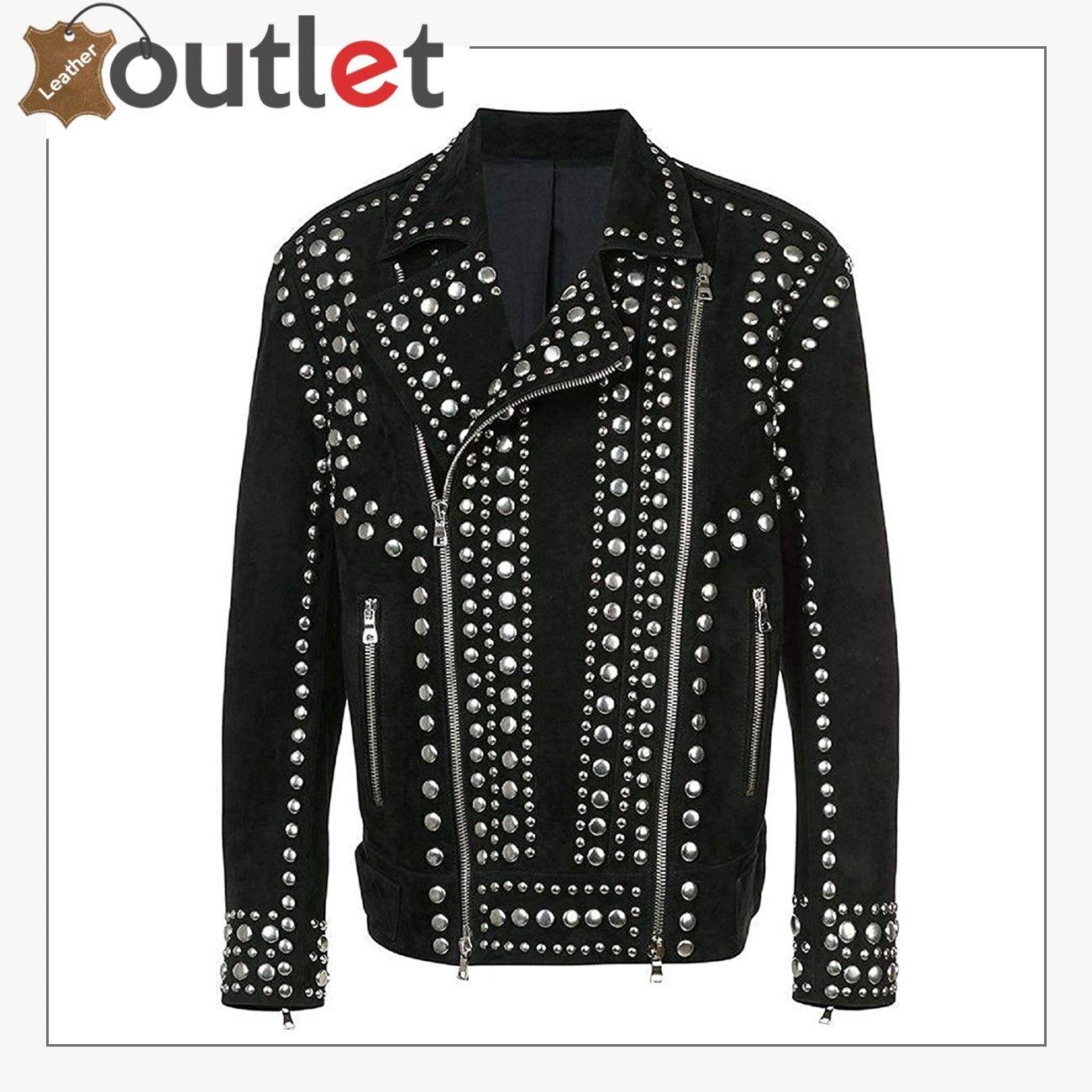 Mens Studded Punk Black Suede Leather Jacket	