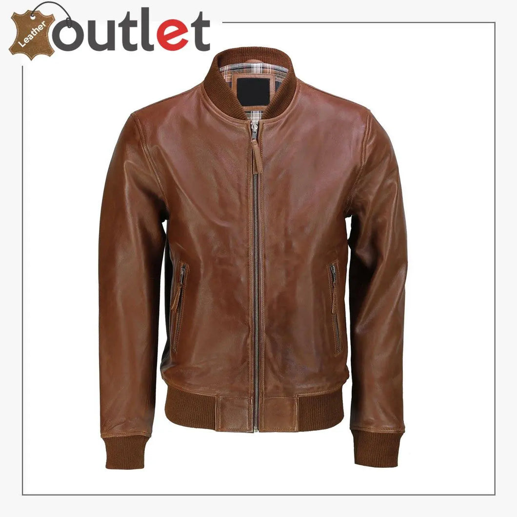 Mens Tan Soft Real Leather Smart Casual Vintage Bomber Biker Style Jacket - Leather Outlet