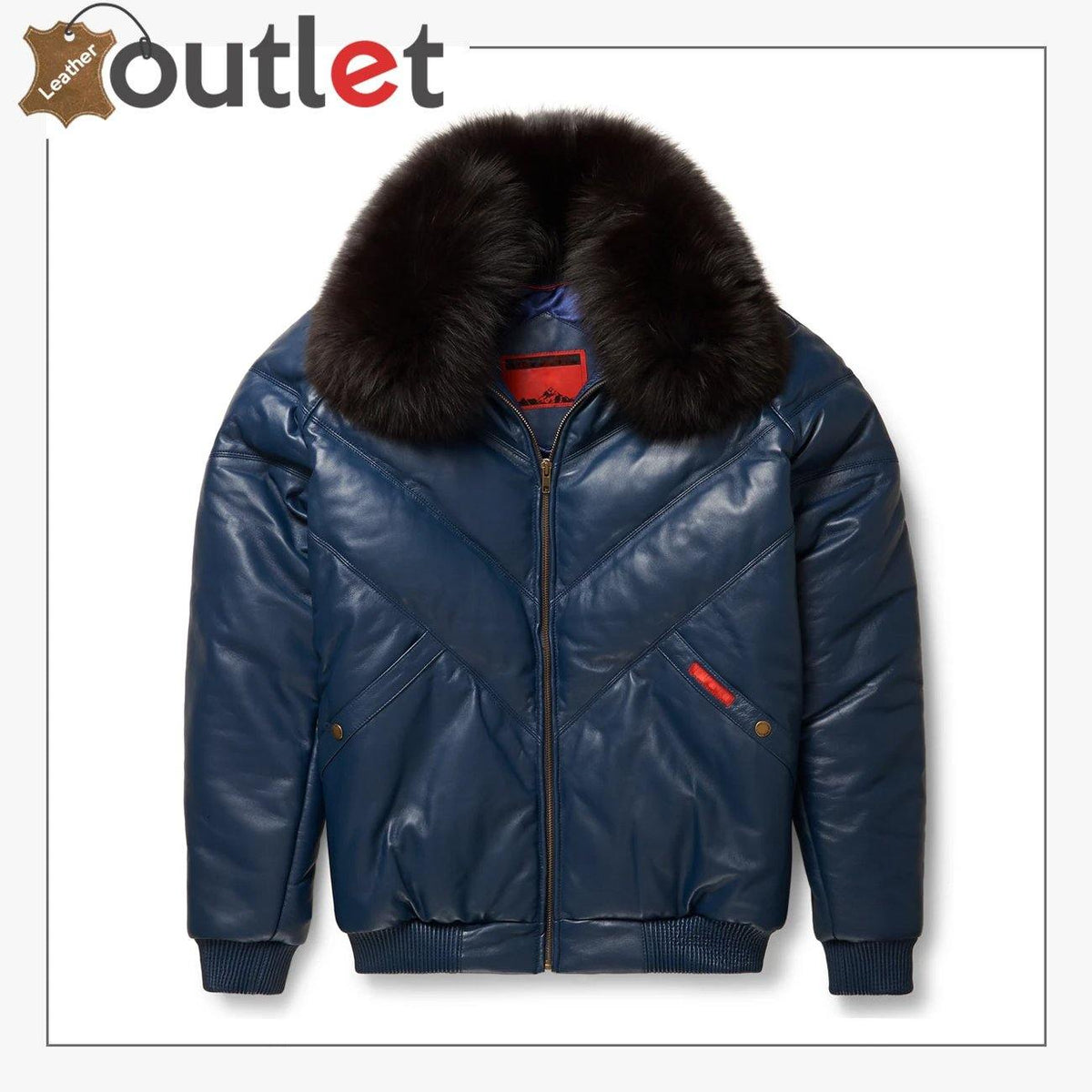 Mens navy V-bomber leather jacket, front view with collarless V neckline