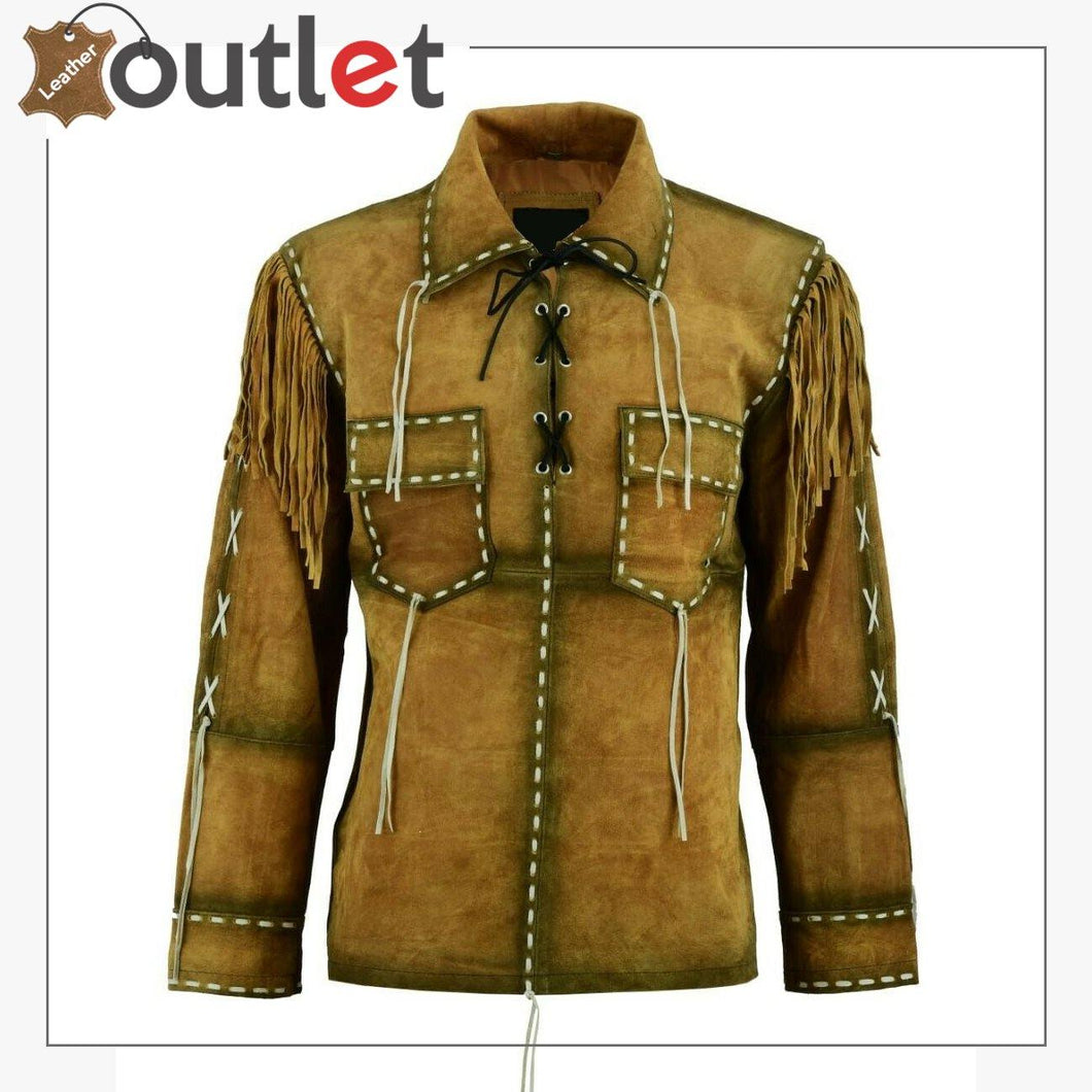 Mens Western Cowboy Brown Suede Leather Jacket Shirt With Fringe - Leather Outlet