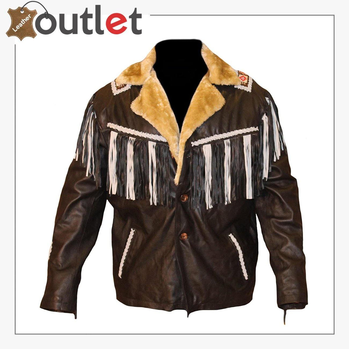 Mens western cowboy fringed and beaded real leather jacket, front view with beadwork yoke