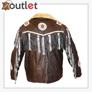 Mens Western Cowboy Fringed & Beaded Real Leather Jacket