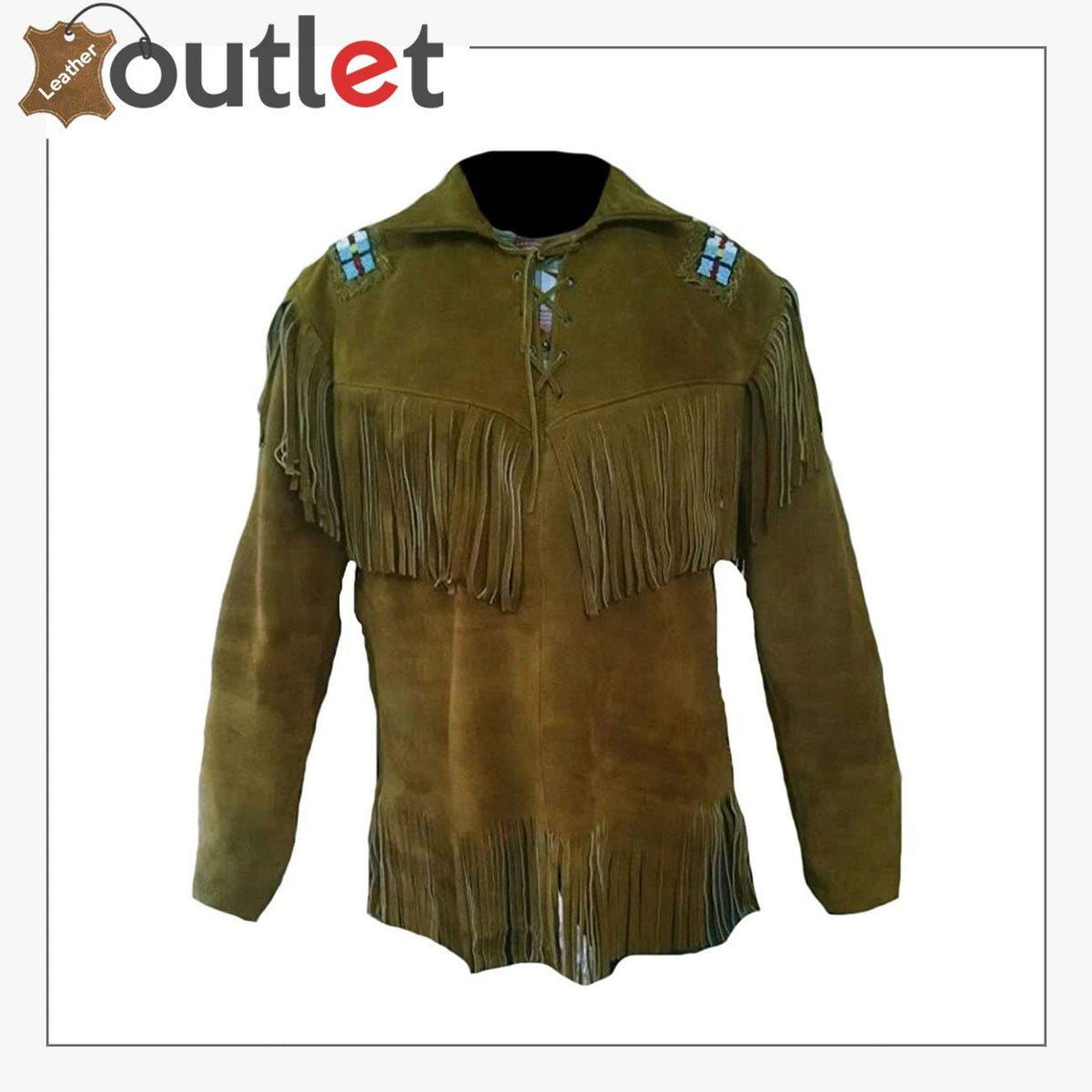 Mens western cowboy fringed and beaded brown leather jacket, front view