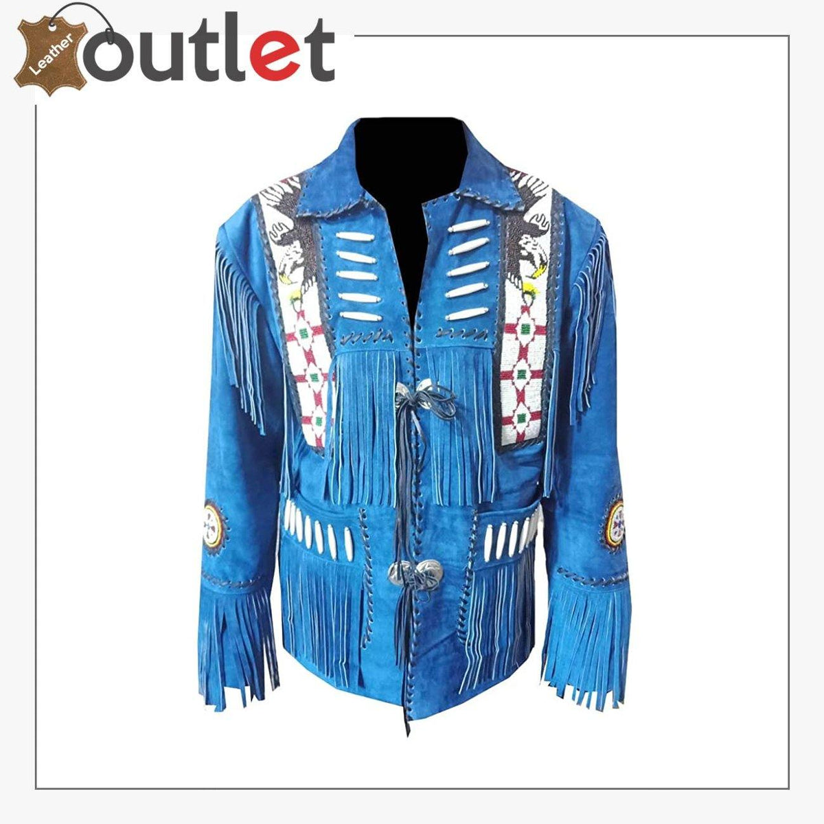 Mens western cowboy fringed leather jacket in brown, front view