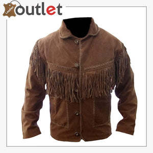 Mens Western Fringed Cowboy Suede Leather Jacket