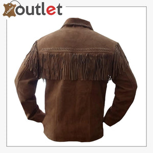 Mens Western Fringed Cowboy Suede Leather Jacket