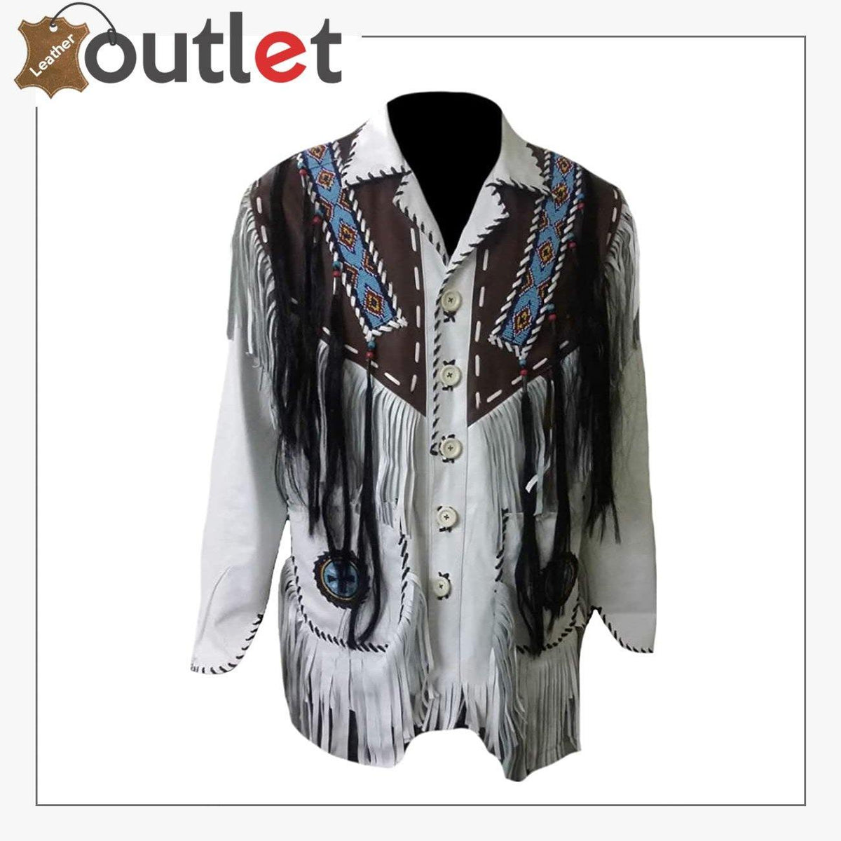 Mens western leather jacket with fringes and beads, front view with beaded yoke