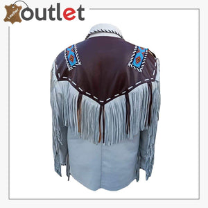 Mens Western Leather Jacket with Fringes & Beads