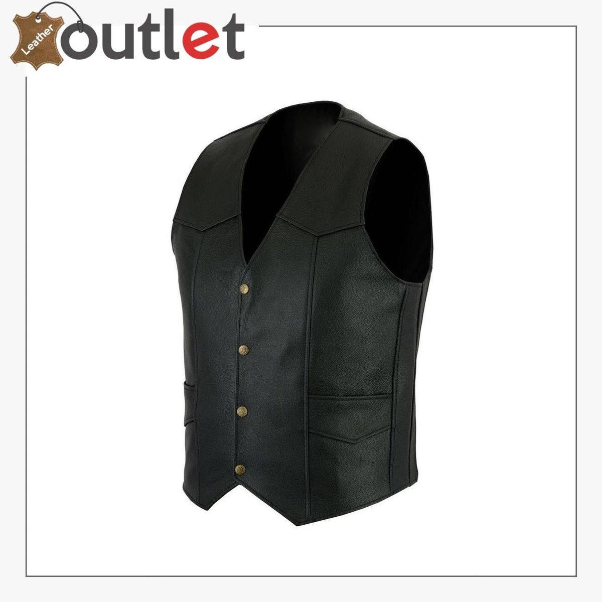 Mens black plain real leather vest with snap front, front view