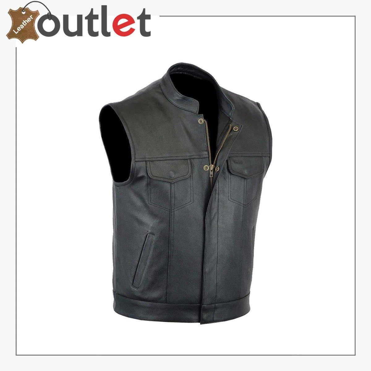 Mens black real leather vest for everyday wear, front view