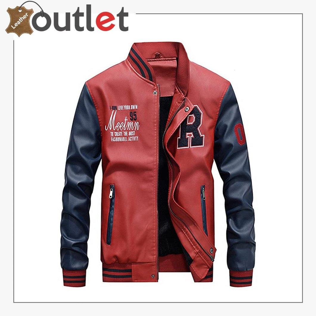 Mens Fashion Leather Jacket Casual Baseball Stand Collar Slim Fit Coat