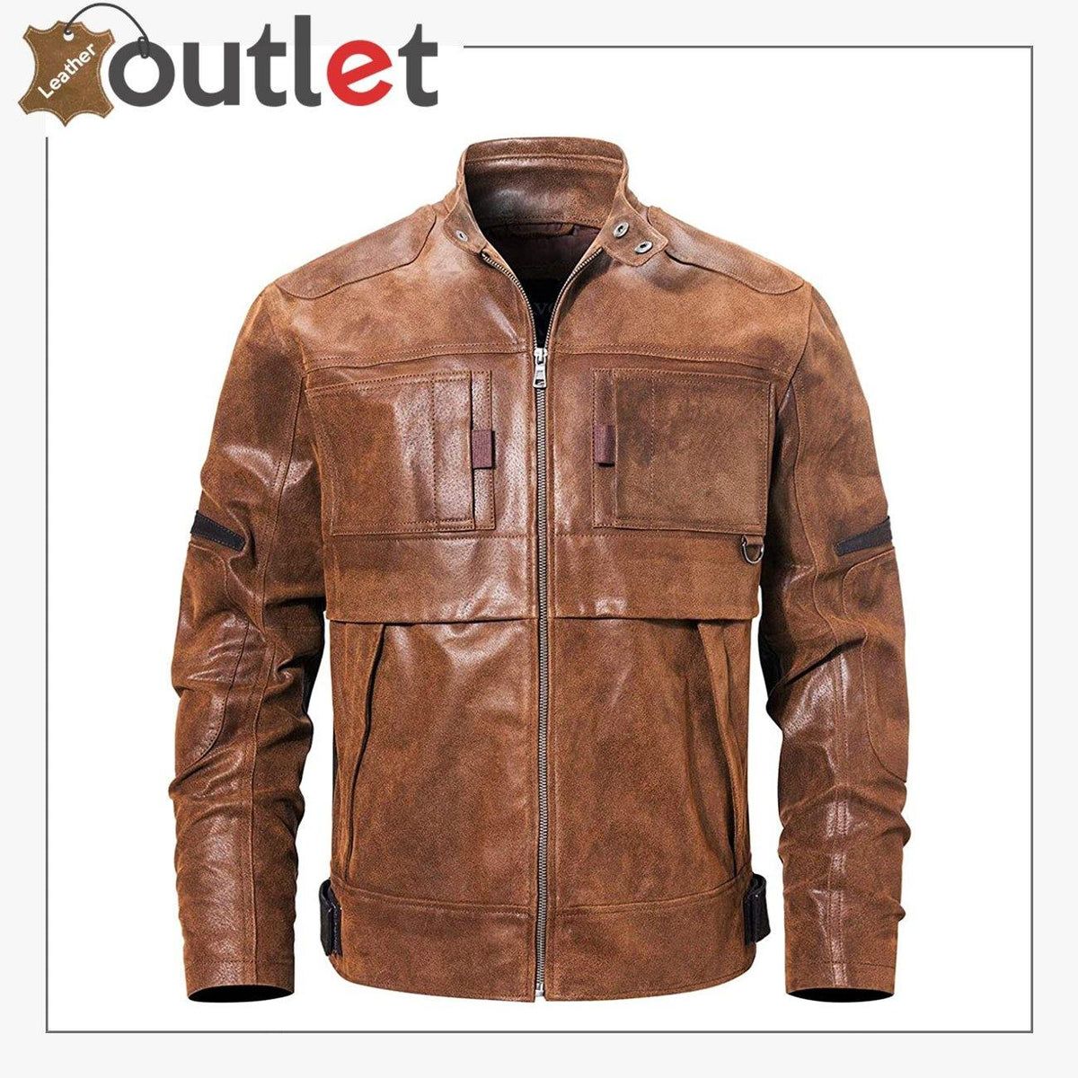 Mens brown leather motorcycle style jacket with stand collar, front view