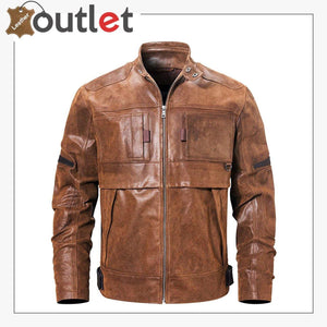 Mens Fashion Leather Motorcycle Jacket Brown Biker Stand Collar