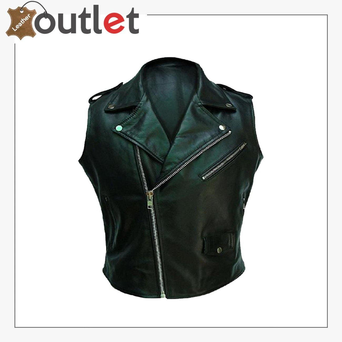 Mens genuine leather motorcycle biker vest, front view
