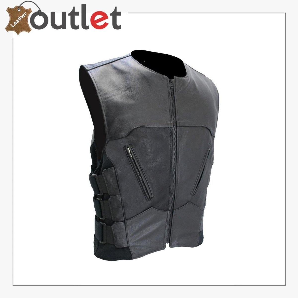 Mens genuine leather cut vest in tactical utility style with pockets, front view