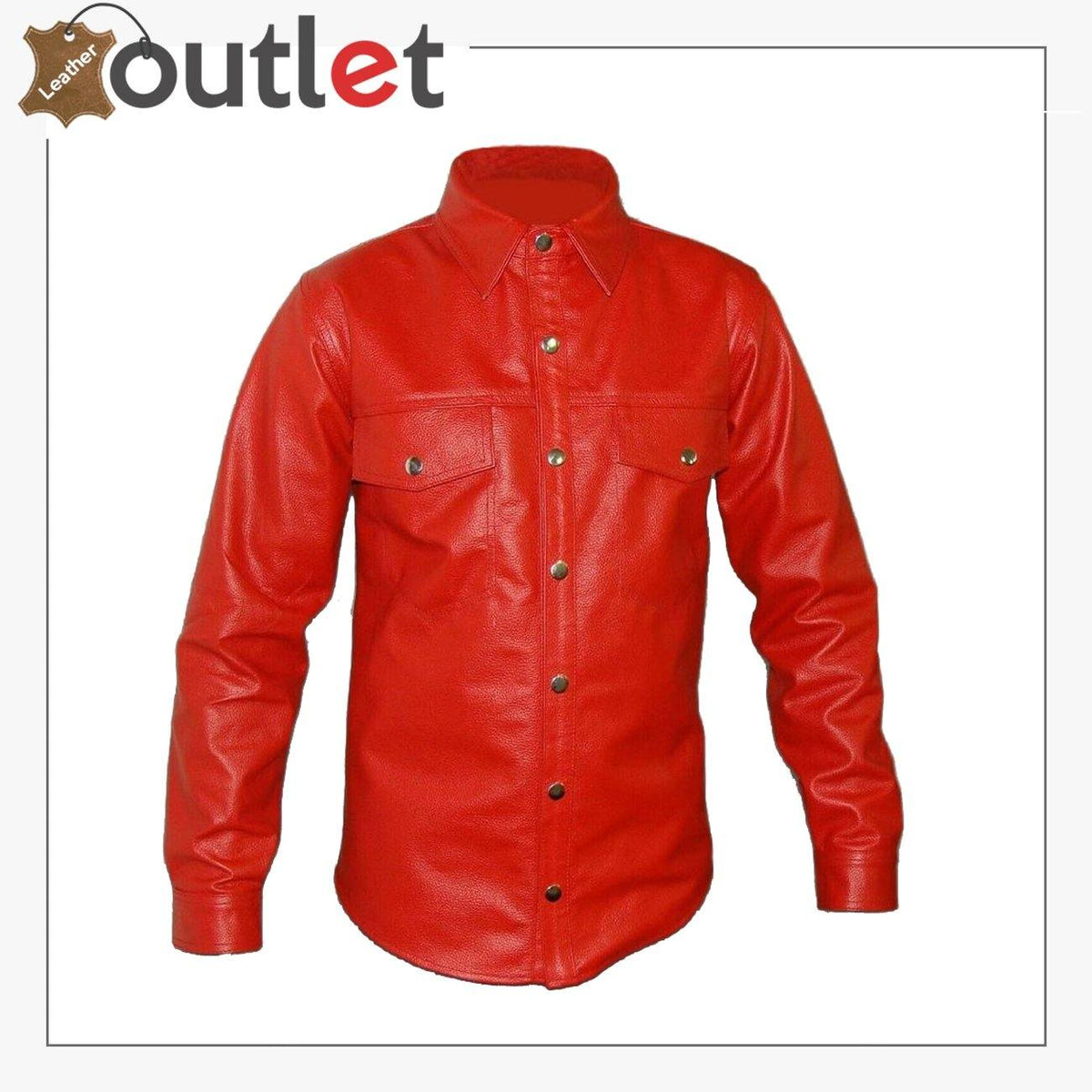 Mens red genuine leather shirt in uniform style with epaulettes, front view