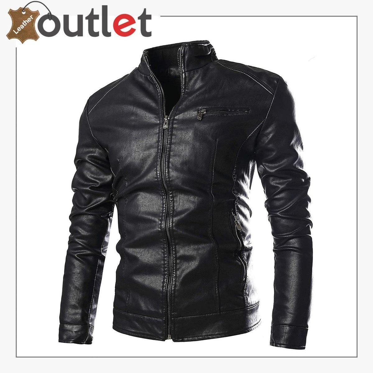 Mens real black leather motorcycle biker jacket, front view with zip