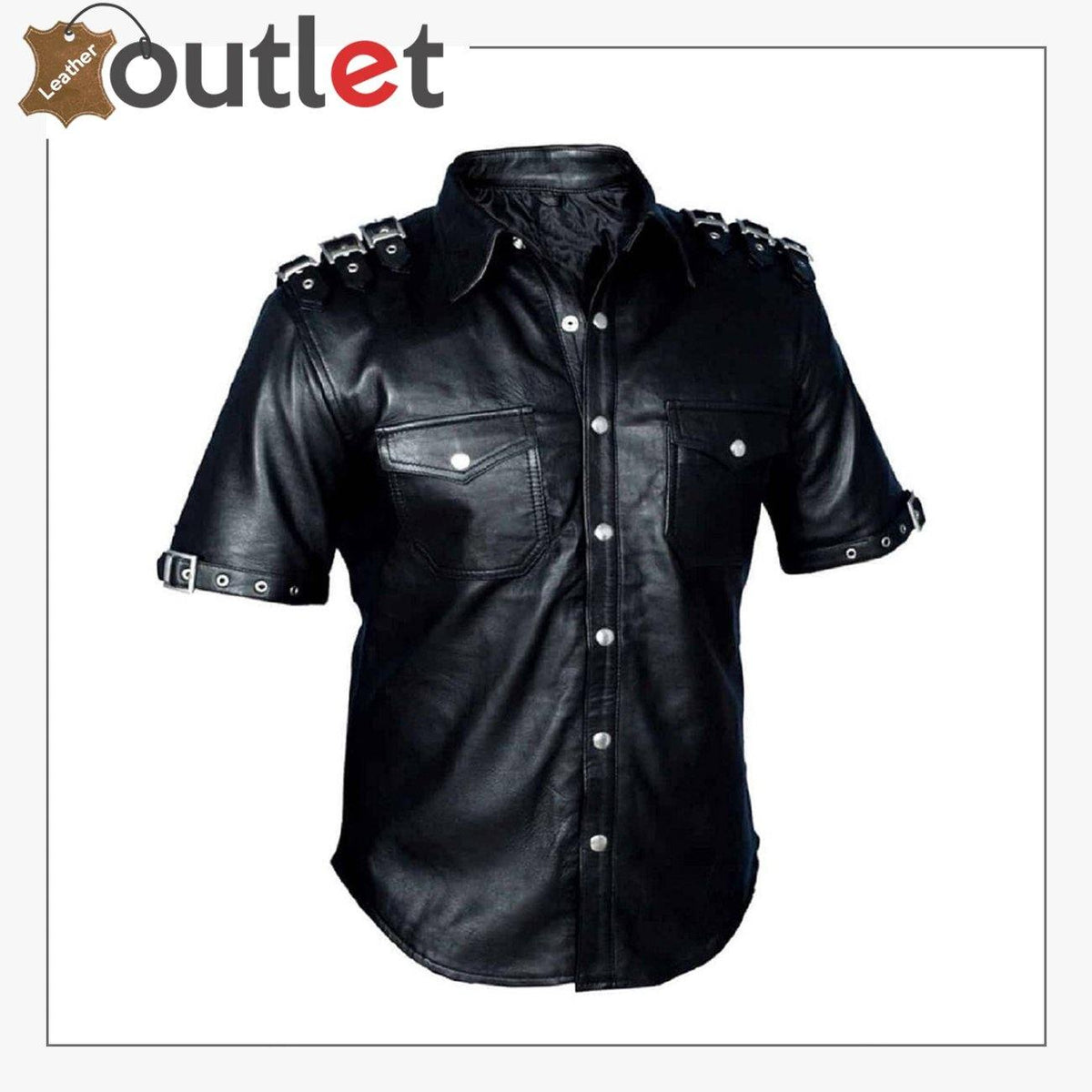 Handmade mens black real leather shirt in uniform cut, front view