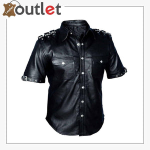 Handmade Mens Real Leather Black Police Shirt for Sale