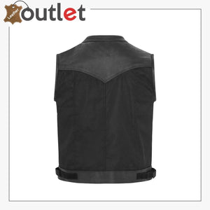 Mens Biker Real Leather Trim Waistcoat Vest