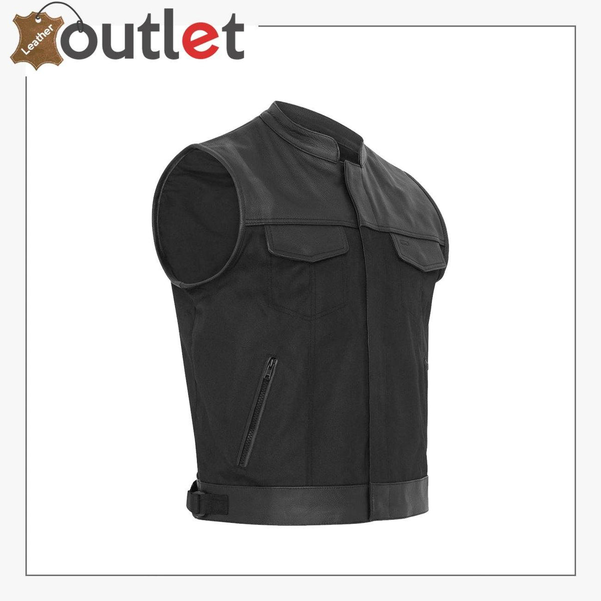 Mens biker leather trim waistcoat with contrast edging, front view