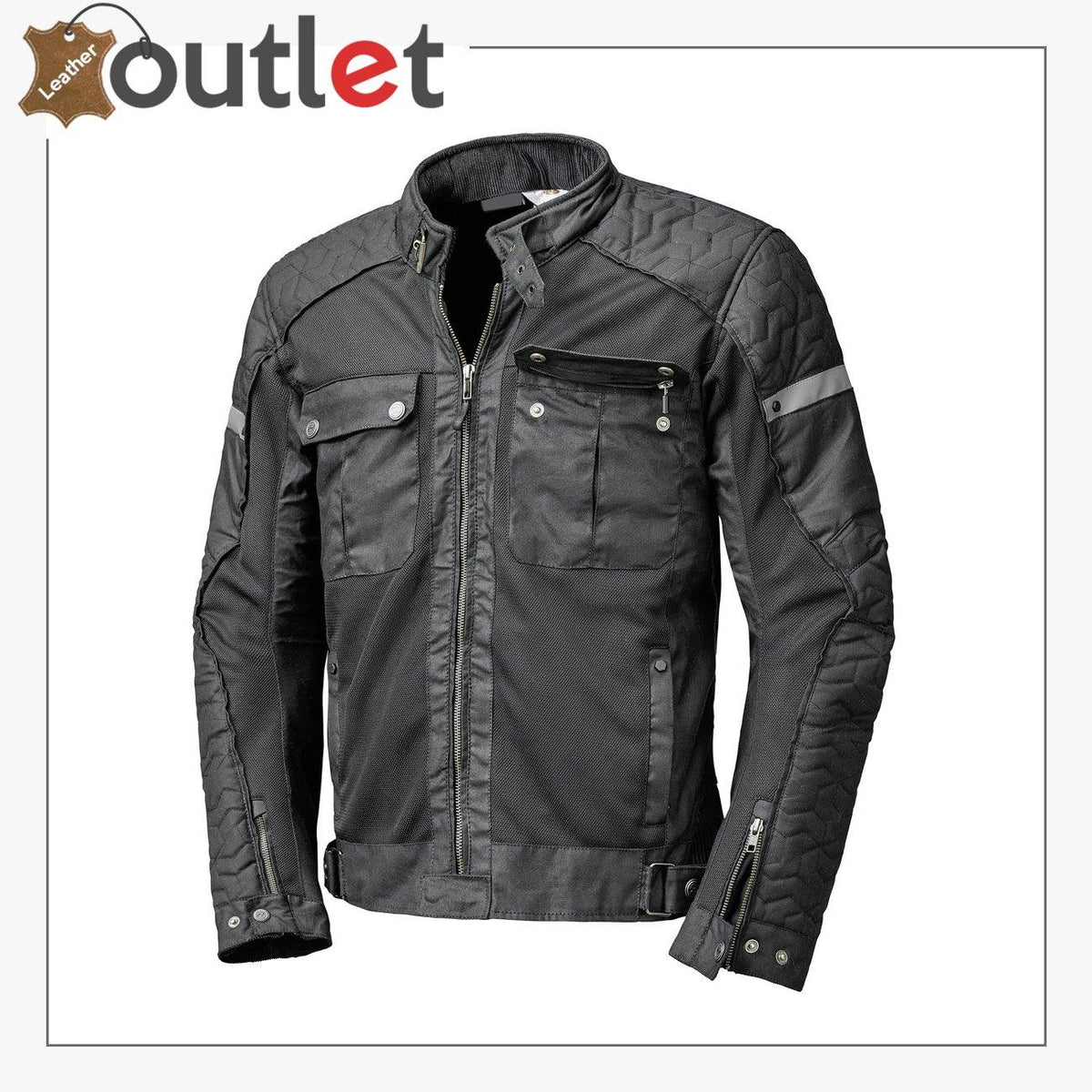 Mesh air vent motorbike textile jacket in black, front view