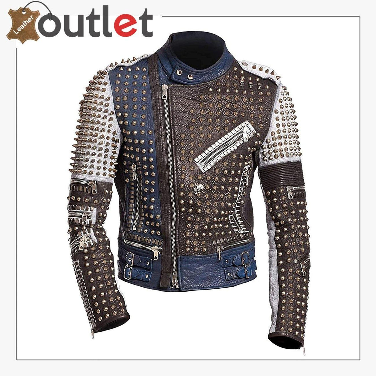 Motorbike rock punk spike studded leather jacket in black with silver spikes, front view