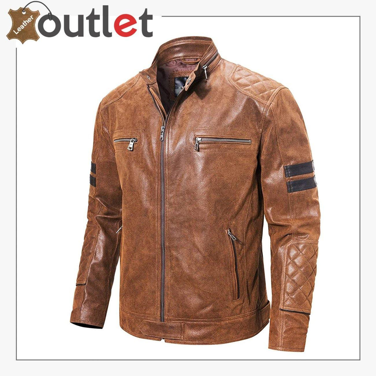 Brown motorcycle fashion leather jacket for men, front view with zip
