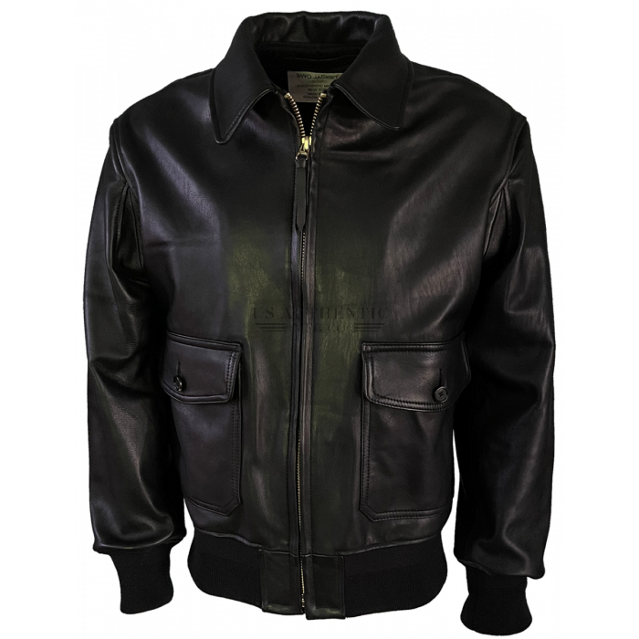 Officer style black leather jacket for men with a plain clean cut