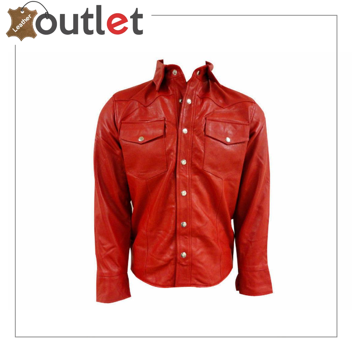 Mens red leather full sleeve shirt with military style contrast piping