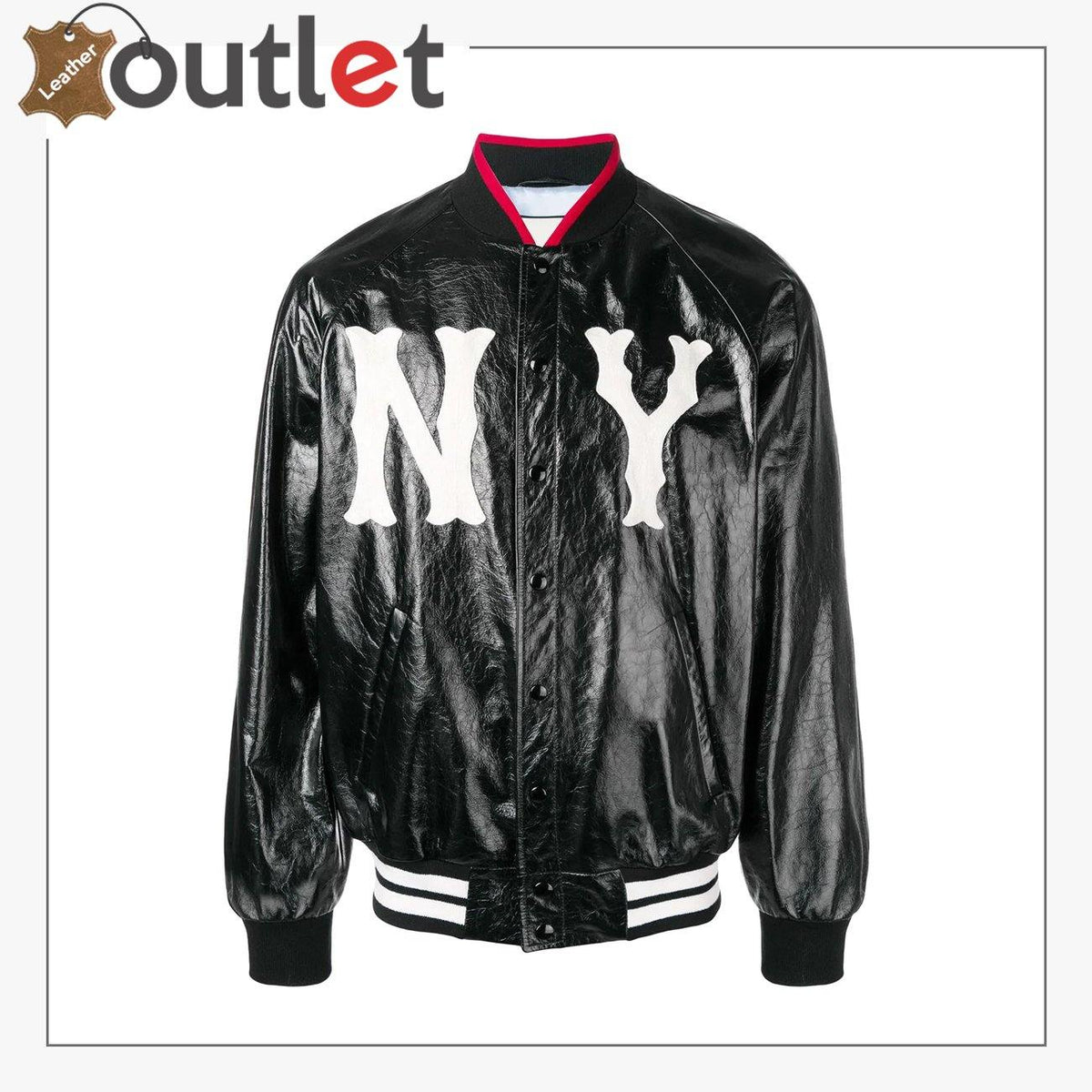 Womens black leather bomber jacket with NY printed graphic, front view