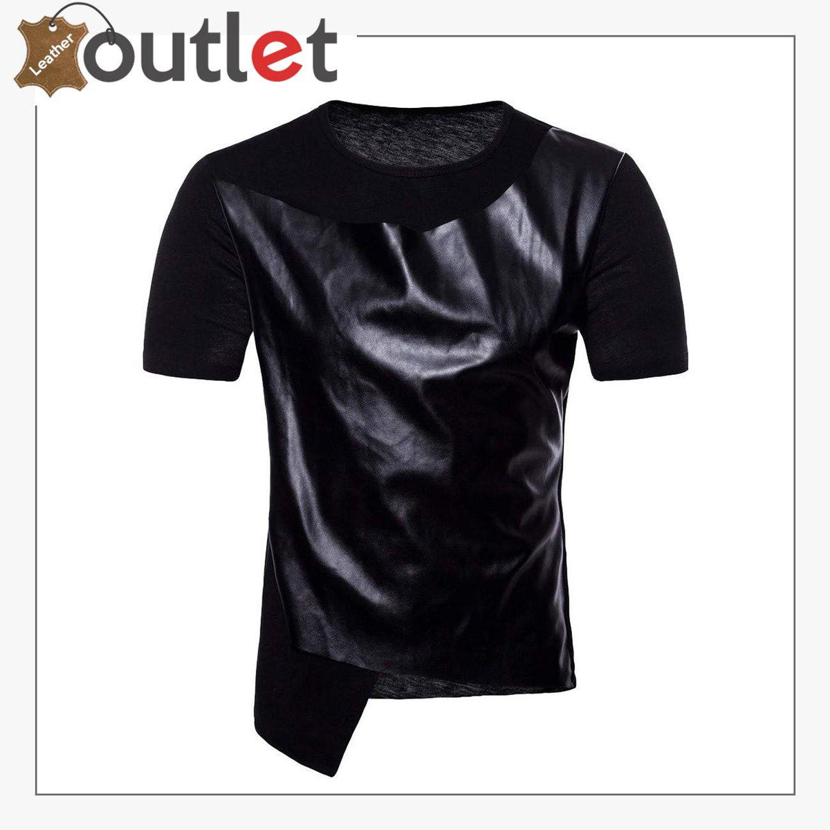 Men's casual leather patchwork shirt in a loose fit, front view showing panel seams
