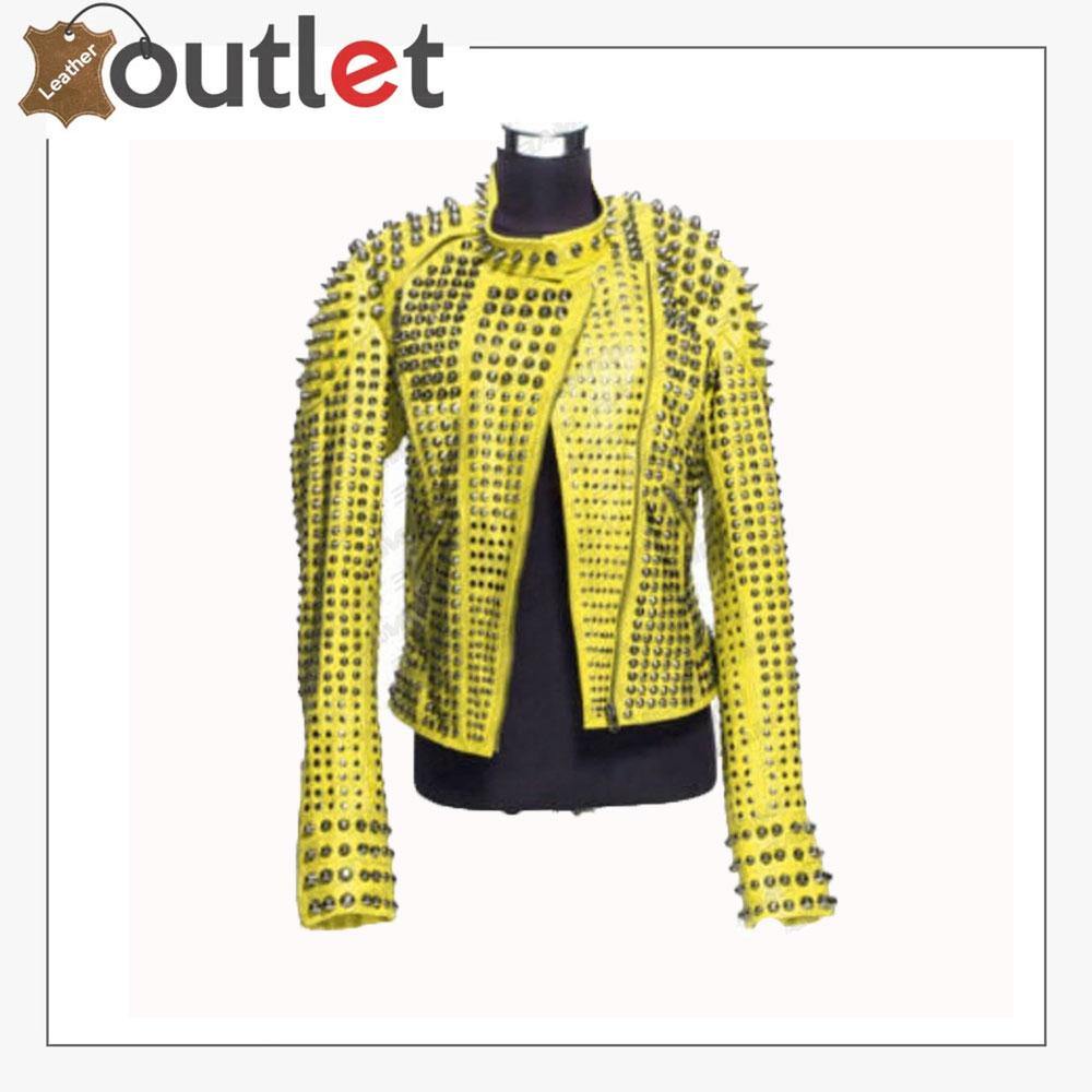 Handmade womens yellow studded punk leather jacket in real hide
