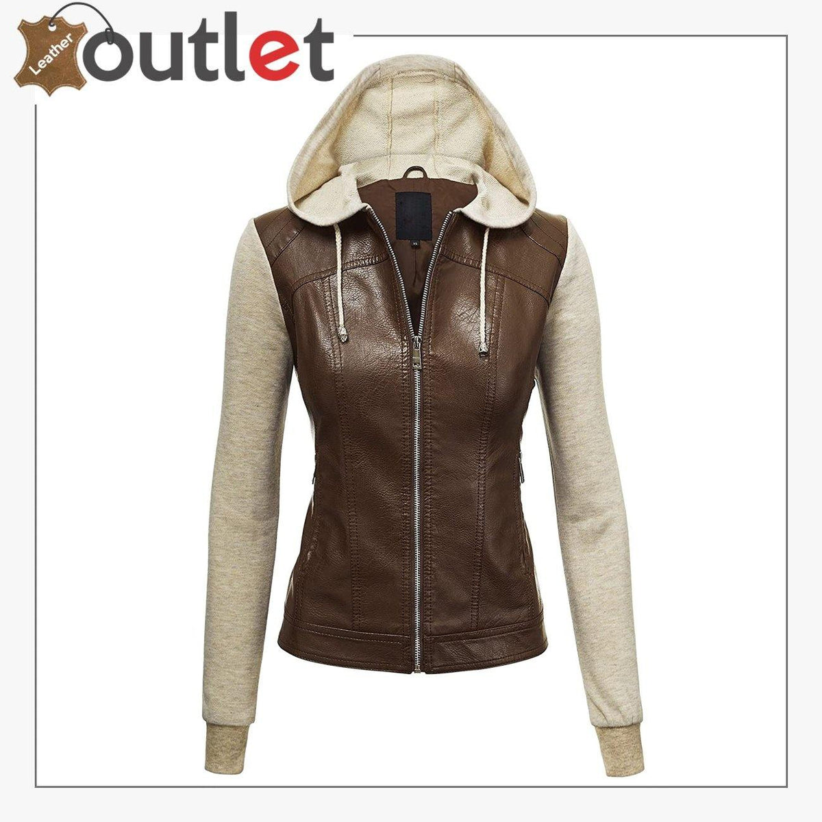 Womens high shine black leather fashion jacket, front view