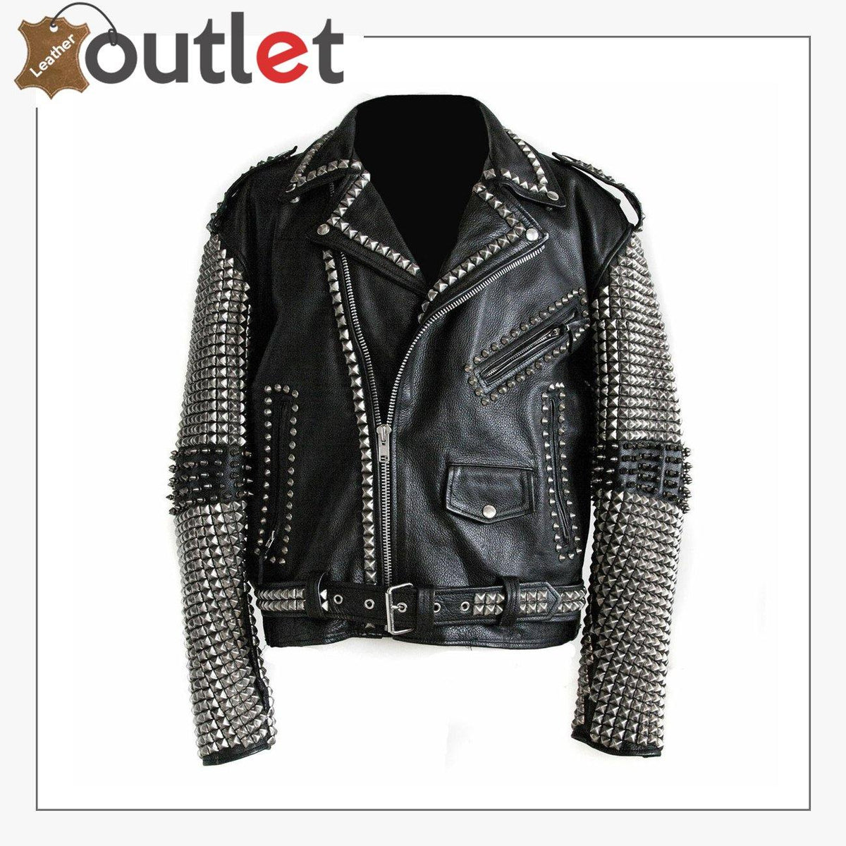 New men black punk silver spiked studded leather jacket with cone spikes on shoulders and lapels